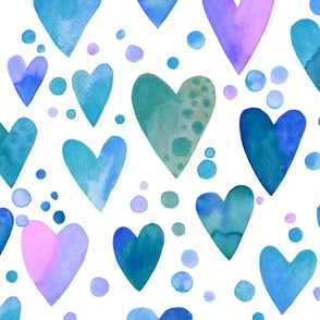 Watercolor hearts / blue, purple, green /small