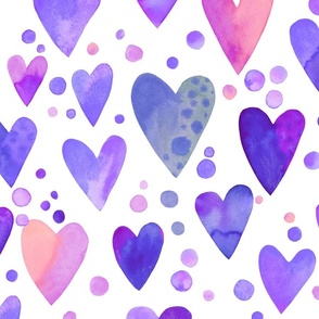 Watercolor hearts / purple, blue, pink /large