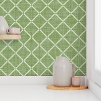 Minimal diagonal trellis on subtle linen texture off white lattice grid - on warm green