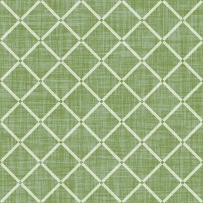 Minimal diagonal trellis on subtle linen texture off white lattice grid - on warm green