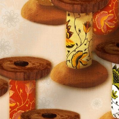 Medium 12” repeat Vintage heritage wooden spool bobbins handdrawn with fabric patterned insert on faux woven texture with handdrawn delicate whimsical flowers on pale cream