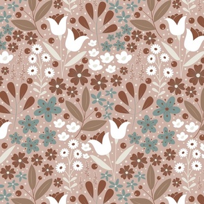 Medium / Ethereal Blooms - Faded Terracotta - Florals - Flowers - Botanicals - Nature - Roses - Tulips - Floral Wallpaper - Earth Tones - Teal