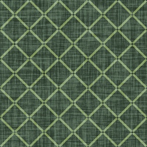 Minimal diagonal trellis on subtle linen texture grass green lattice grid on dark green