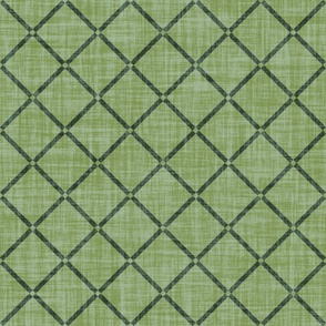 Minimal diagonal trellis on subtle linen texture dark green lattice grid on gress green-