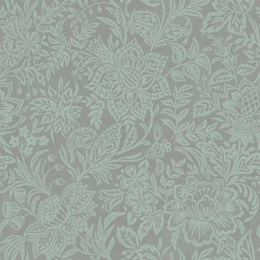 Folk Floral Jacobean - extra large - sagebrush and pewter gray 