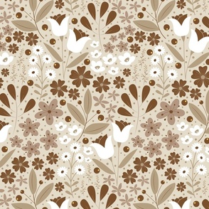Medium / Ethereal Blooms - Ivory Mist - Florals - Flowers - Monochromatic - Botanicals - Nature - Roses - Tulips - Floral Wallpaper - Earth Tones