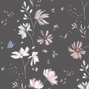 (l) joyful butterflies & trailing florals | pink and white on plum mauve purple | large scale