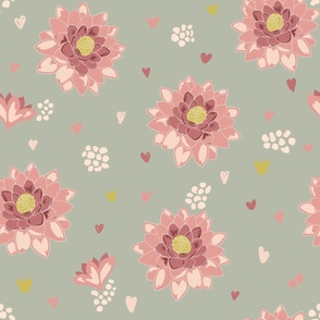 Pink Water Lilies with little hearts on mint background
