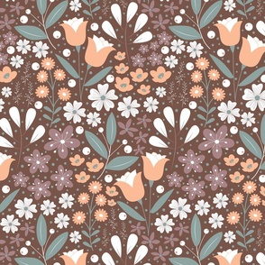 Medium / Ethereal Blooms - Mocha Brown - Florals - Flowers - Botanicals - Nature - Roses - Tulips - Floral Wallpaper - Earth Tones