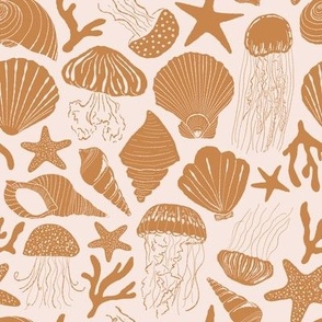 Monochrome Coastal design with jellyfish, seashells and starfish
