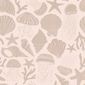 Coastal design with jellyfish, seashells and starfish in muted tones