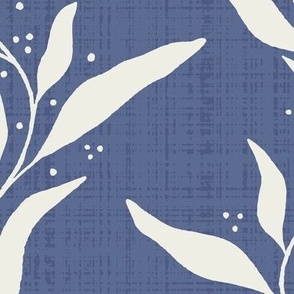 Wavy Willow Leaf Stripes with Accent Dots and Linen Texture - Blue Nova and Cream - Large Scale - Lush Botanical Silhouette for Traditional, Boho, and Coastal Styles