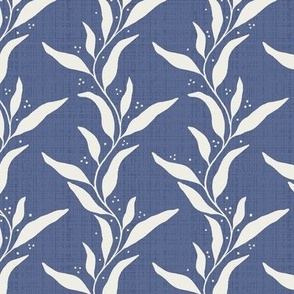 Wavy Willow Leaf Stripes with Accent Dots and Linen Texture - Blue Nova and Cream - Small Scale - Lush Botanical Silhouette for Traditional, Boho, and Coastal Styles