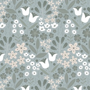 Medium / Ethereal Blooms - Muted Aqua - Green - Florals - Flowers - Buttercups - Primrose - Botanicals - Nature - Roses - Tulips - Floral Wallpaper