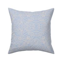 Large wavy watery textured block printed topographic lines in retro colors of light blue on sandy cream