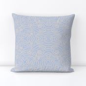 Large wavy watery textured block printed topographic lines in retro colors of light blue on sandy cream
