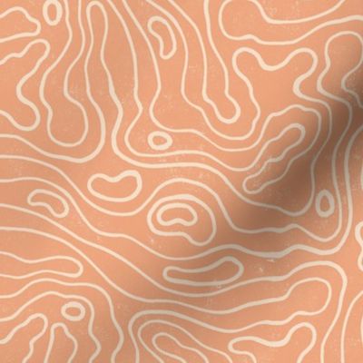 Large wavy watery textured block printed topographic lines in retro colors of coral on sandy cream