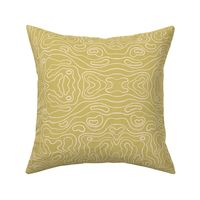 Large wavy watery textured block printed topographic lines in retro colors of moss green on sandy cream