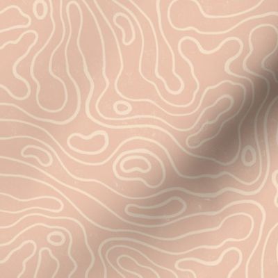Large wavy watery textured block printed topographic lines in retro colors of rose blush on sandy cream