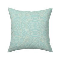 Large wavy watery textured block printed topographic lines in retro colors of light teal on sandy cream