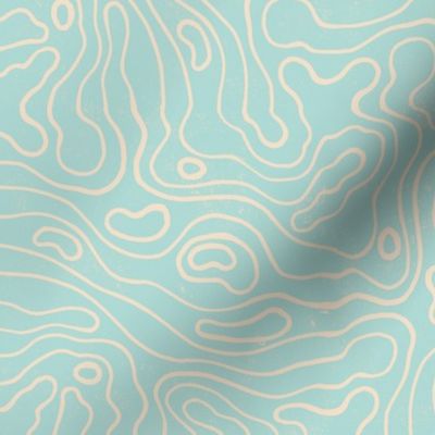 Large wavy watery textured block printed topographic lines in retro colors of light teal on sandy cream