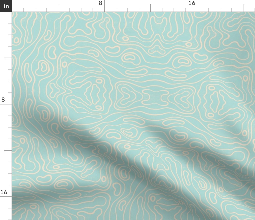 Large wavy watery textured block printed topographic lines in retro colors of light teal on sandy cream