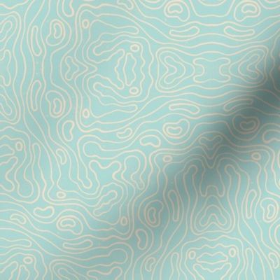 Small wavy watery textured block printed topographic lines in retro colors of light teal on sandy cream