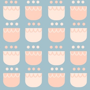 Block Print Doodle Blooms and Dots Pastel Blush and Blue