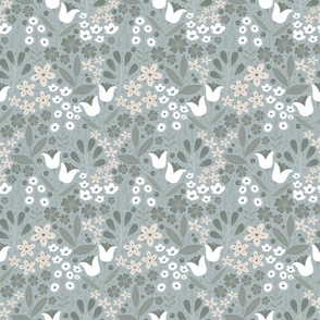 Small / Ethereal Blooms - Muted Aqua - Green - Florals - Flowers - Buttercups - Primrose - Botanicals - Nature - Roses - Tulips - Floral Wallpaper