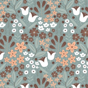 Medium / Ethereal Blooms - Slate Green - Teal - Peach - Muted Colors - Florals - Flowers - Botanicals - Nature - Roses - Tulips - Floral Wallpaper