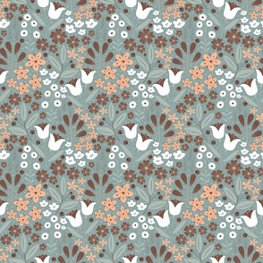 Small / Ethereal Blooms - Slate Green - Teal - Peach - Muted Colors - Florals - Flowers - Botanicals - Nature - Roses - Tulips - Floral Wallpaper