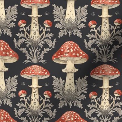  "Mystic Mycology: Red Mushroom and Botanical Night Pattern