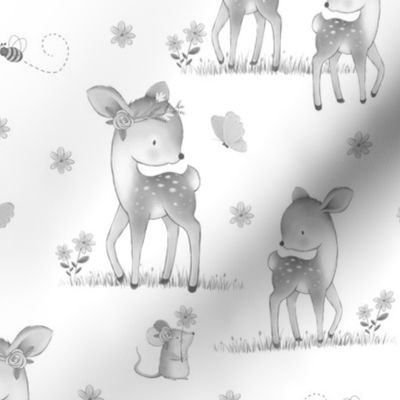 Woodland Animals Gray Deer Mouse Floral Nursery Baby Girl Decor 