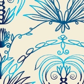 Palm Flower Motif, large scale, shades of blue