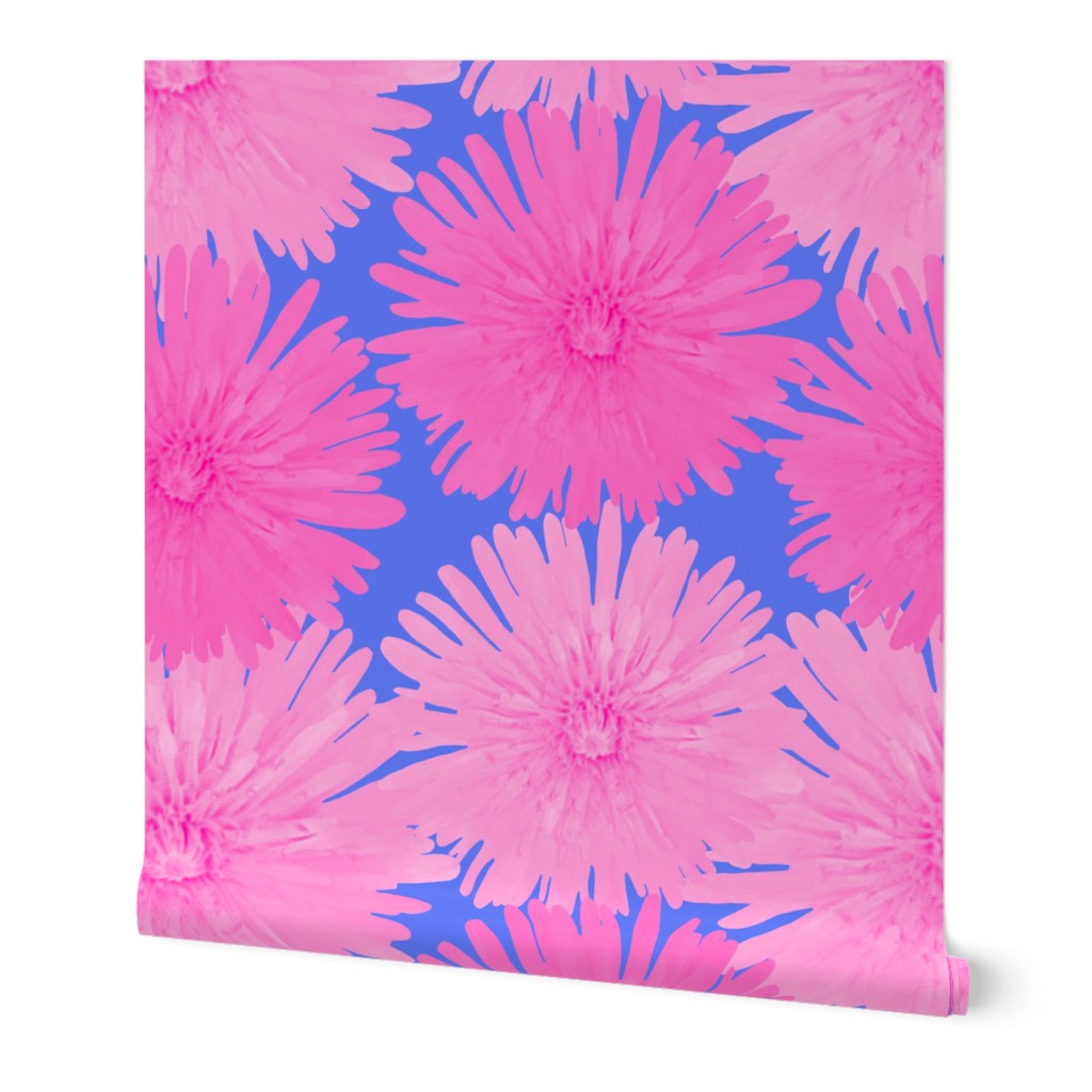 Pink Floral Photography - Pink Dandelions on Blue Background - JUMBO SIZE - Summer Flower Garden