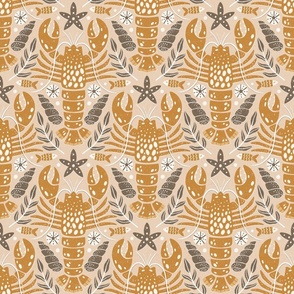 Coastal Lobster Damask Golden Brown (small scale)
