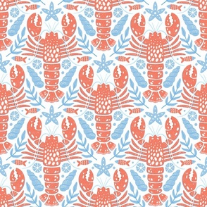 Coastal Lobster Damask white blue red (small scale)
