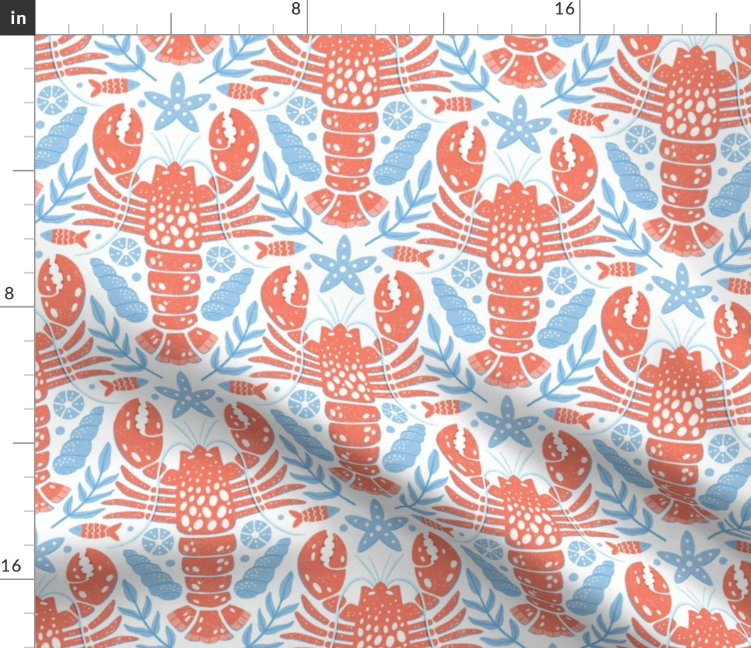 Coastal Lobster Damask white blue red (small scale)