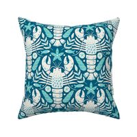 Coastal Lobster Damask Blue Turquoise (small scale)