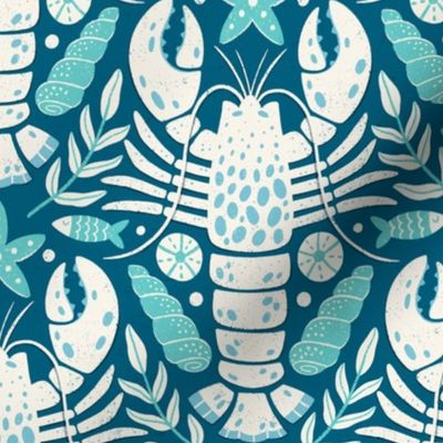 Coastal Lobster Damask Blue Turquoise (small scale)
