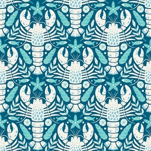 Coastal Lobster Damask Blue Turquoise (small scale)