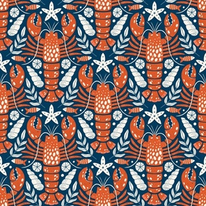 Coastal Lobster Damask Red Blue (small scale)