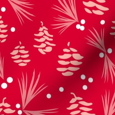 Pinecones, Berries and Evergreen Boughs on Red Berry - Large