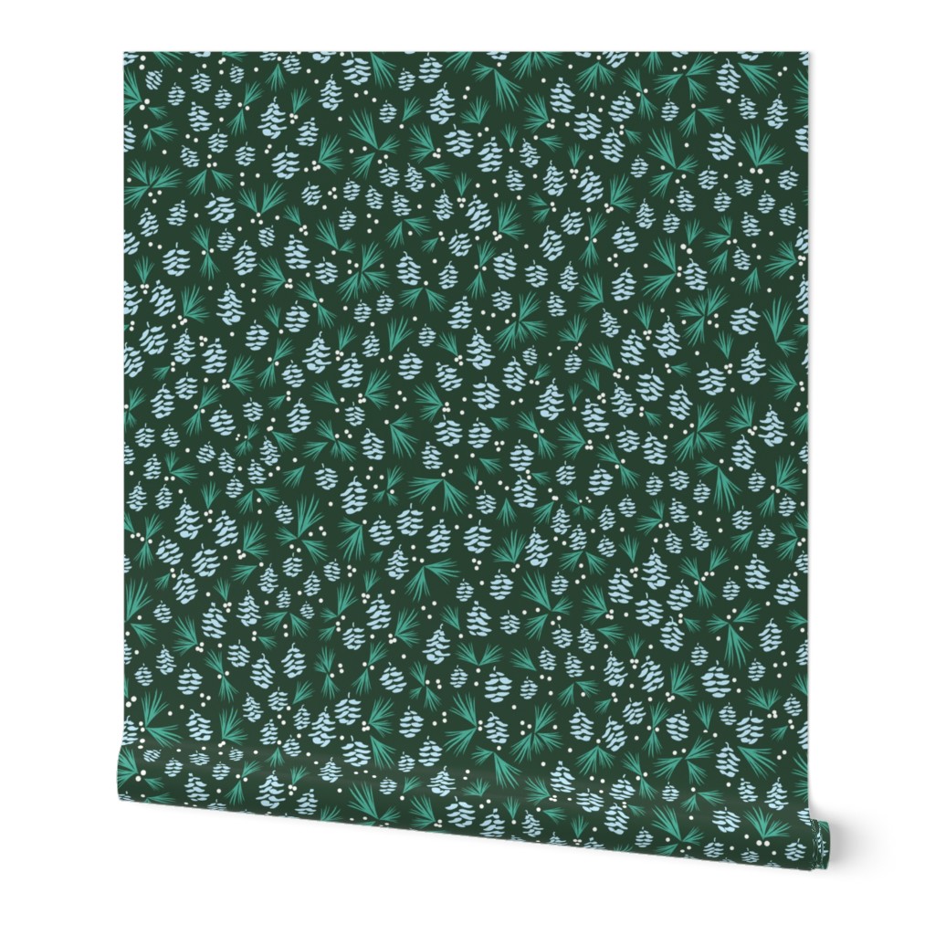 Pinecones, Berries and Evergreen Boughs on Forest Green - Large