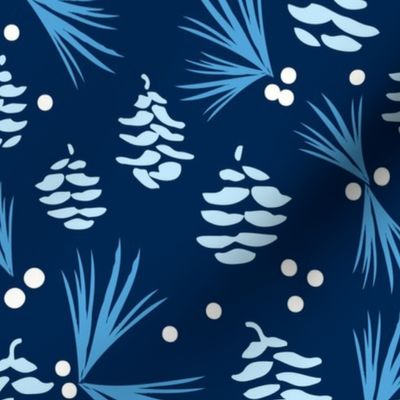 Pinecones, Berries and Evergreen Boughs on Midnight Blue - Large