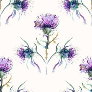 Large Purple Thistles on Off White / Watercolor / Scotland Flower
