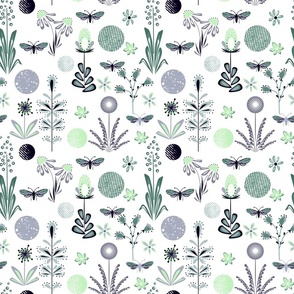 Grey, green flowers, moths and circles on a white background. Cute retro floral pattern.