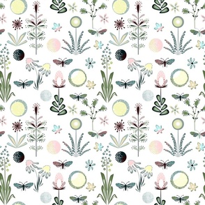 Yellow, pink, green flowers, moths and circles on a white background. Cute retro floral pattern.