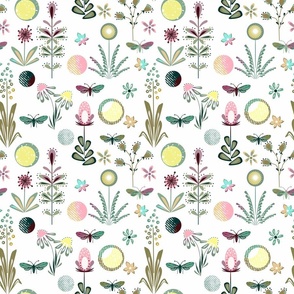 Yellow, pink, mustard flowers, moths and circles on a white background. Cute retro floral pattern. 