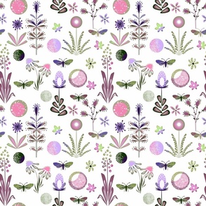 lilac, pink, green flowers, moths and circles on a white background. Cute retro floral pattern.